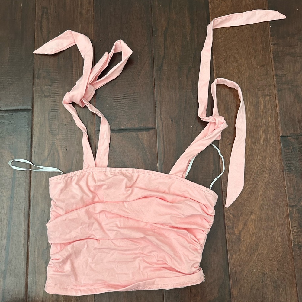 Pink Ruched Crop Top with Tie Straps